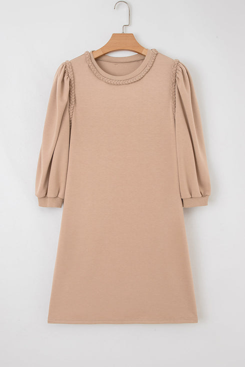 Casual Braided Trim Puff Sleeve Solid T Shirt Dress