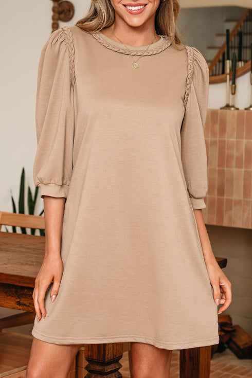 Casual Braided Trim Puff Sleeve Solid T Shirt Dress
