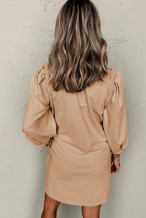 Casual Braided Trim Puff Sleeve Solid T Shirt Dress