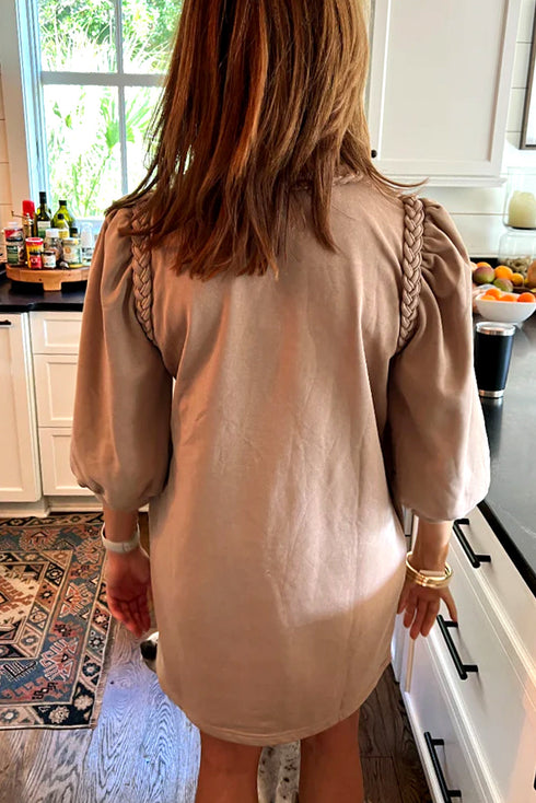 Casual Braided Trim Puff Sleeve Solid T Shirt Dress