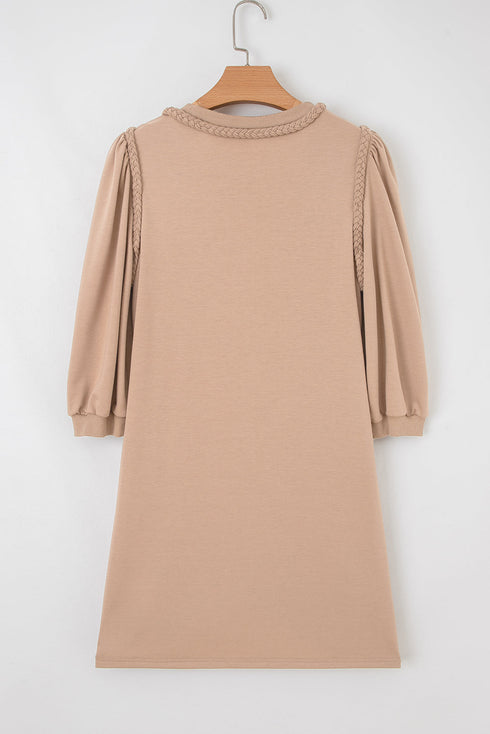 Casual Braided Trim Puff Sleeve Solid T Shirt Dress
