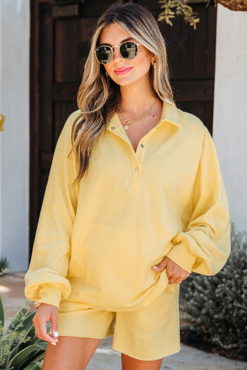 Casual Button Collar Drop Shoulder Pullover Coordinated Short Sets
