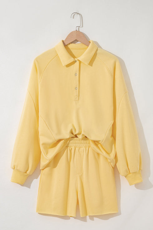 Casual Button Collar Drop Shoulder Pullover Coordinated Short Sets