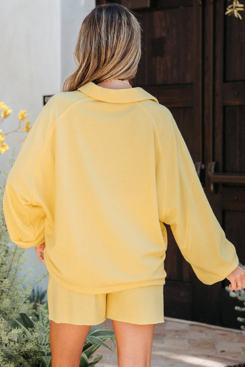 Casual Button Collar Drop Shoulder Pullover Coordinated Short Sets
