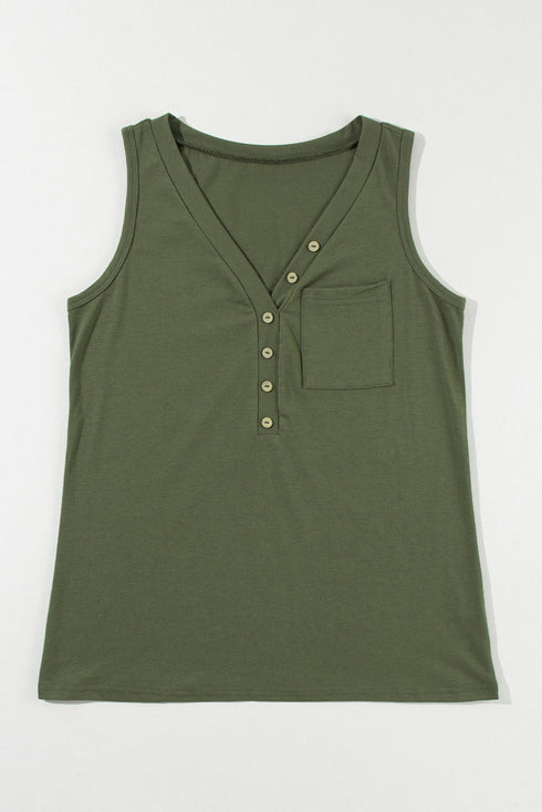 Casual Button Front Pocket V Neck Henley Tank
