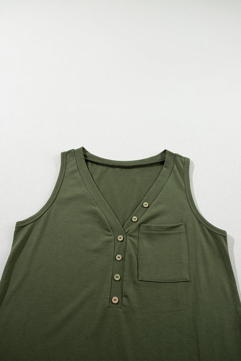 Casual Button Front Pocket V Neck Henley Tank