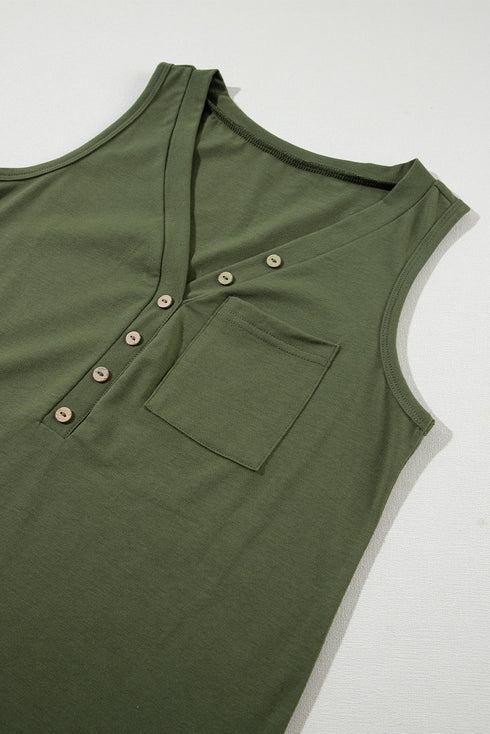 Casual Button Front Pocket V Neck Henley Tank