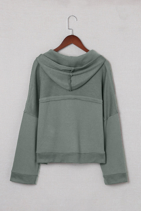 Casual Button Solid Patchwork Trim Hoodie