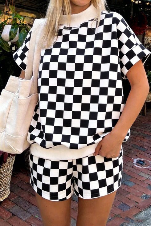 Casual Checkered Print Mock Neck Matching Short Set