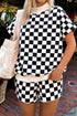 Casual Checkered Print Mock Neck Matching Short Set
