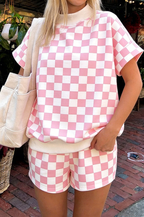 Casual Checkered Print Mock Neck Matching Short Set