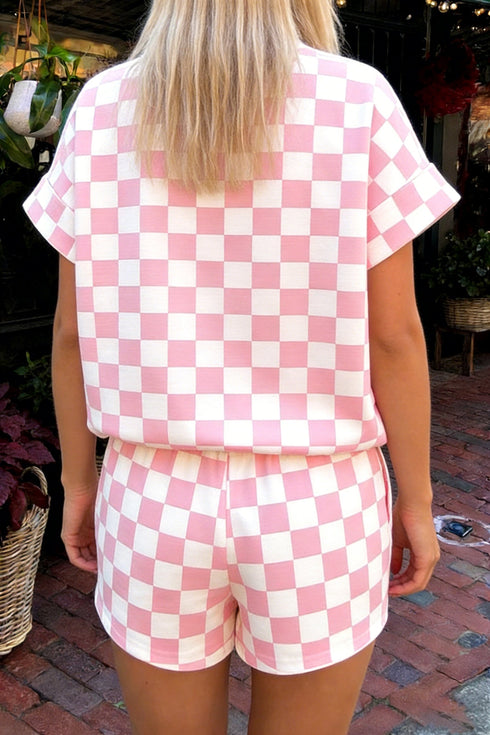 Casual Checkered Print Mock Neck Matching Short Set