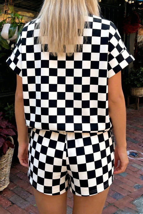 Casual Checkered Print Mock Neck Matching Short Set