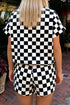 Casual Checkered Print Mock Neck Matching Short Set