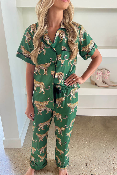Casual Cheetah Print Short Sleeve Pant Sleepwear Set