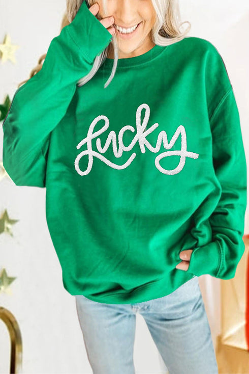 Casual Chenille Letter Embroidered Cotton Blend Pullover Sweatshirt