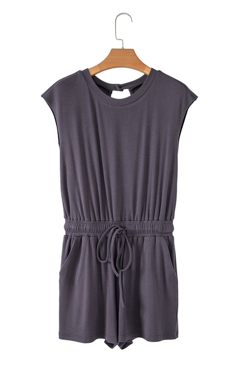 Casual Cool Knit Open Back Cap Sleeve Drawstring Waist Pocket Romper