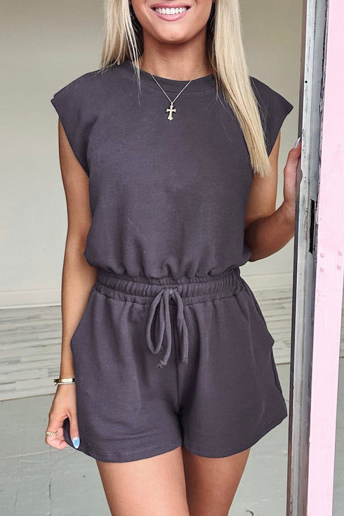 Casual Cool Knit Open Back Cap Sleeve Drawstring Waist Pocket Romper