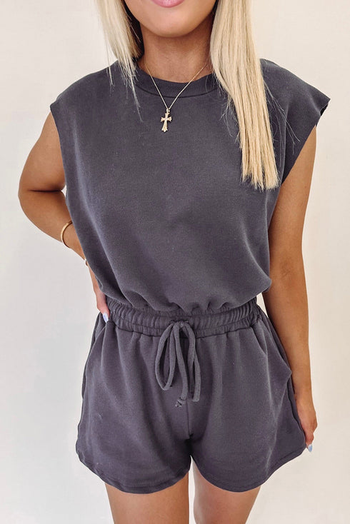 Casual Cool Knit Open Back Cap Sleeve Drawstring Waist Pocket Romper