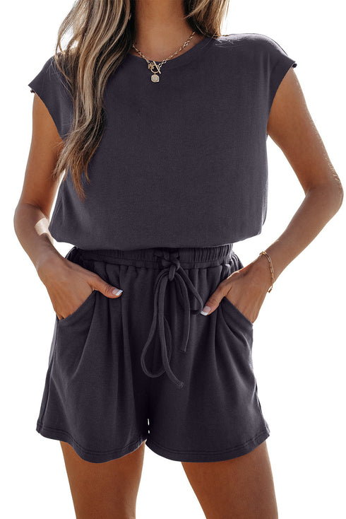 Casual Cool Knit Open Back Cap Sleeve Drawstring Waist Pocket Romper