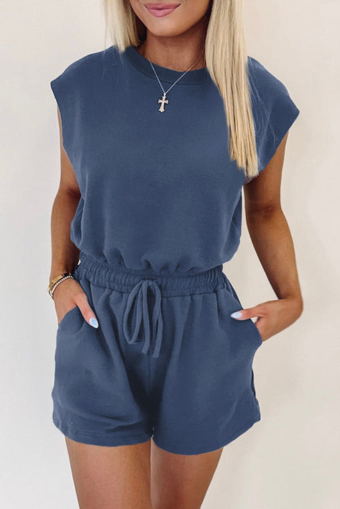 Casual Cool Knit Open Back Cap Sleeve Drawstring Waist Pocket Romper