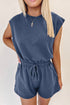 Casual Cool Knit Open Back Cap Sleeve Drawstring Waist Pocket Romper