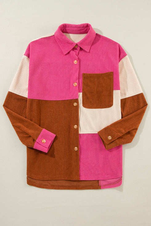 Casual Curved Hem Corduroy Pocket Shirt Jacket