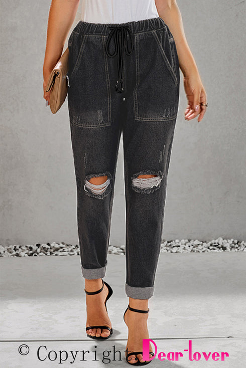 Casual Distressed Pocketed Denim Jogger Jeans