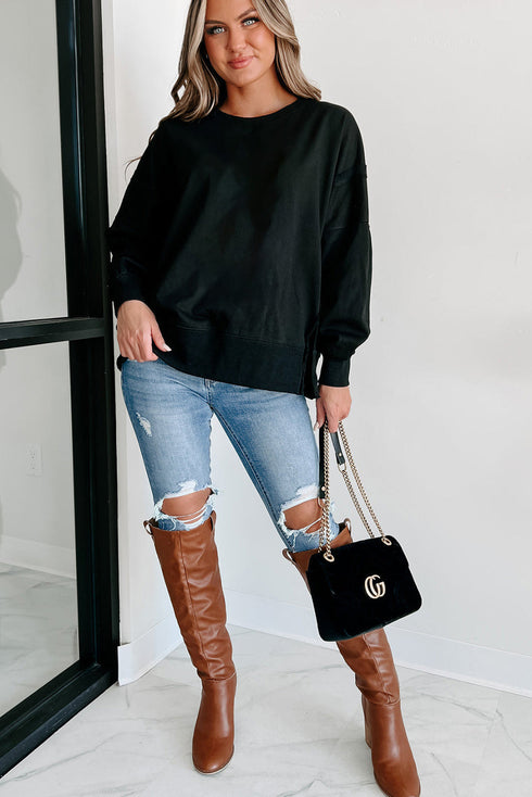Casual Drop Shoulder Split Hem Pullover Sweatshirt