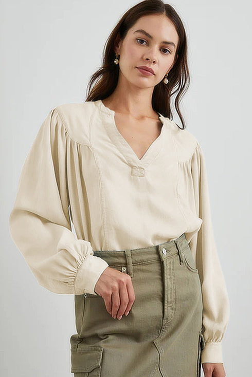 Casual Elegance Solid Color Lantern Sleeve Notched V-Neck Blouse