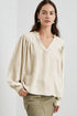 Casual Elegance Solid Color Lantern Sleeve Notched V-Neck Blouse