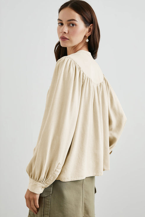 Casual Elegance Solid Color Lantern Sleeve Notched V-Neck Blouse