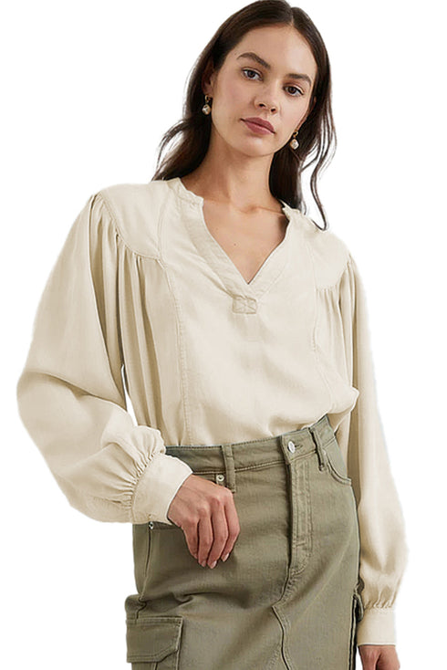 Casual Elegance Solid Color Lantern Sleeve Notched V-Neck Blouse