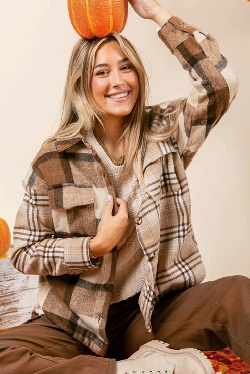 Casual Flannel Plaid Double Flap Pocket Shacket