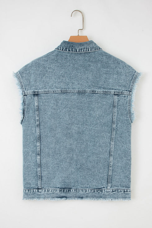 Casual Frayed Detail Button Flap Pocket Denim Vest