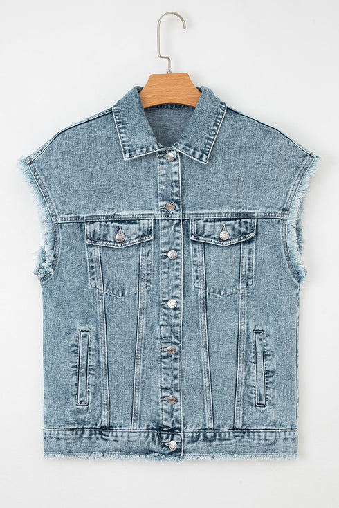 Casual Frayed Detail Button Flap Pocket Denim Vest