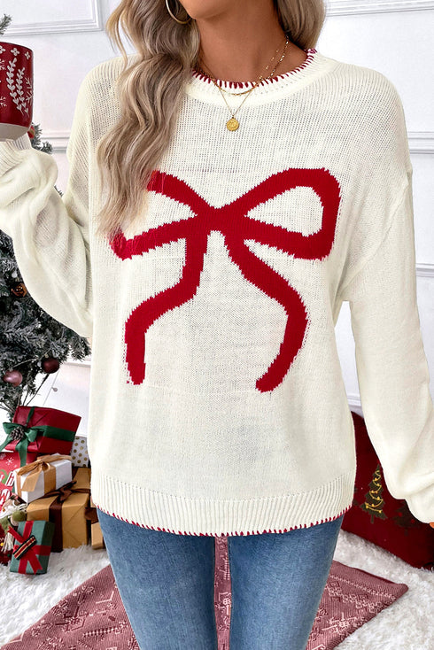 Casual Graphic Bow Pattern Detail Loose Knit Sweater