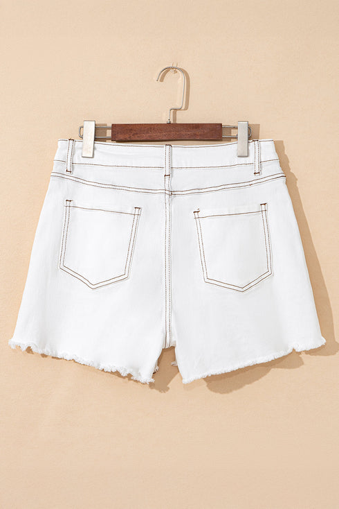 Casual High Waist Raw Hem Fringe Detail Denim Shorts