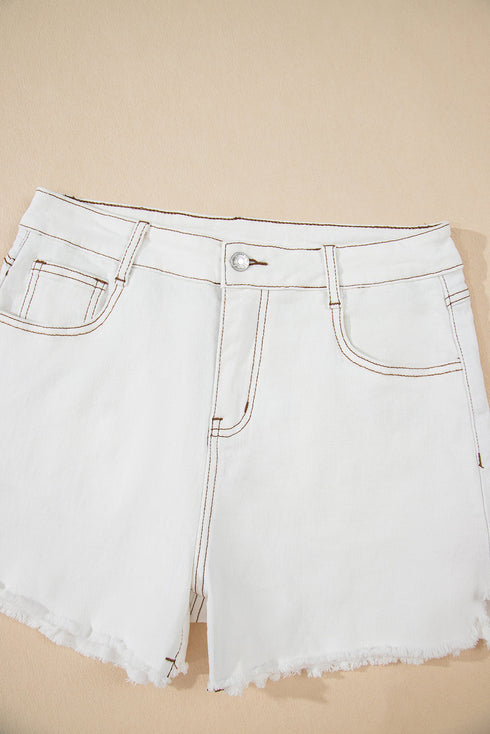 Casual High Waist Raw Hem Fringe Detail Denim Shorts