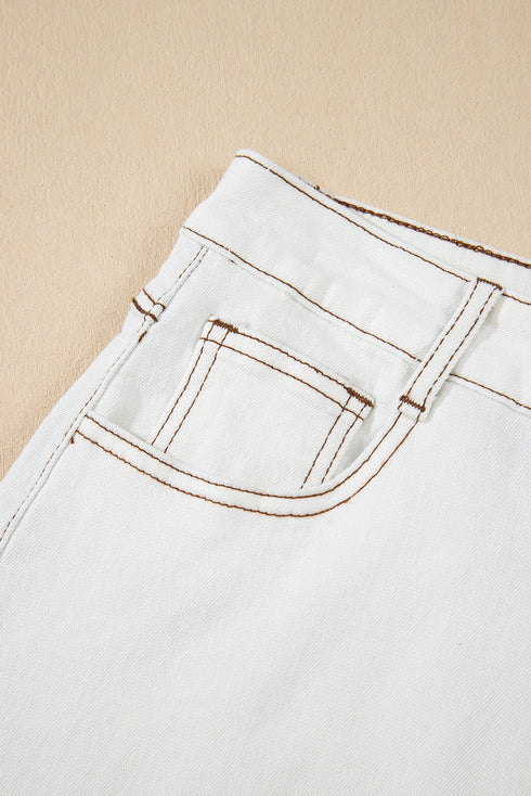 Casual High Waist Raw Hem Fringe Detail Denim Shorts