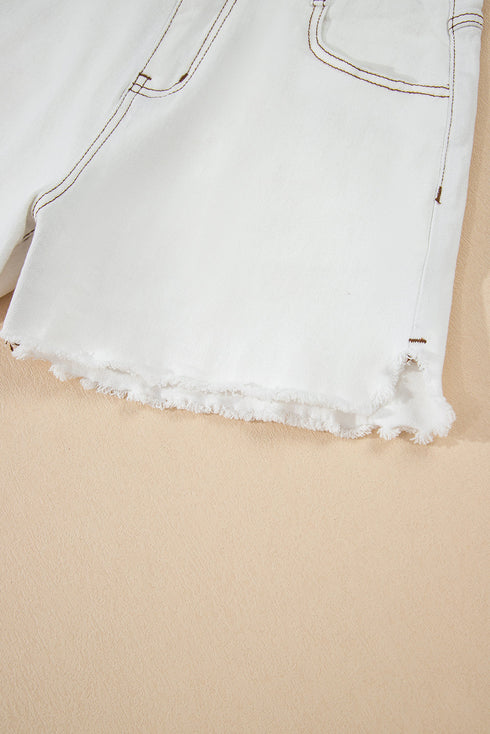 Casual High Waist Raw Hem Fringe Detail Denim Shorts