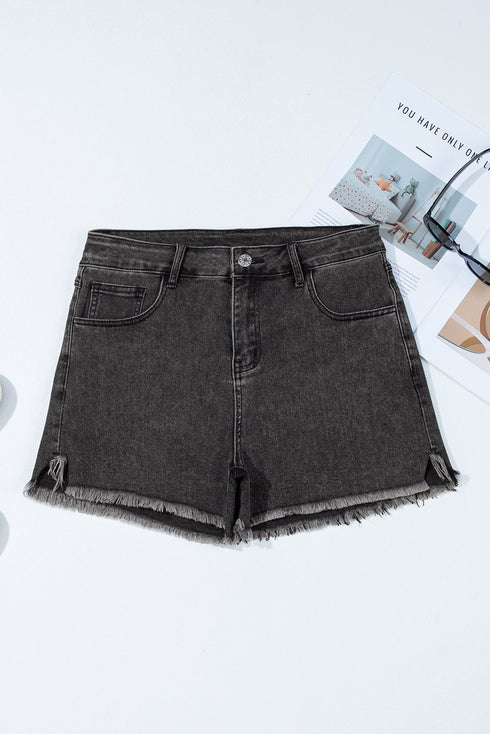 Casual High Waist Raw Hem Fringe Detail Denim Shorts