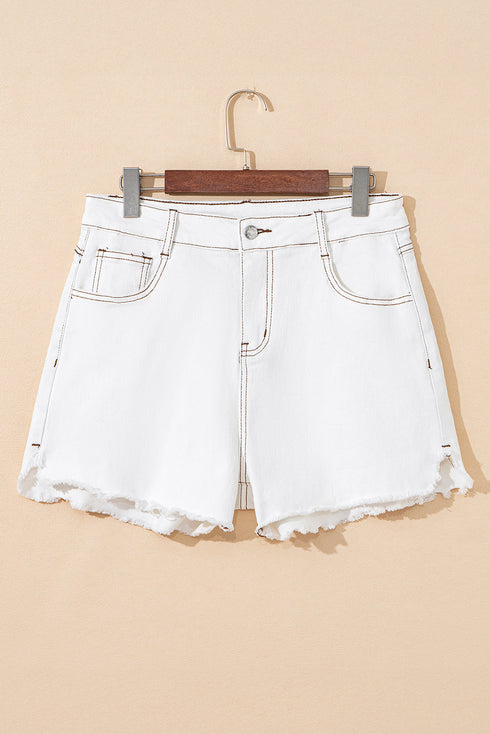 Casual High Waist Raw Hem Fringe Detail Denim Shorts