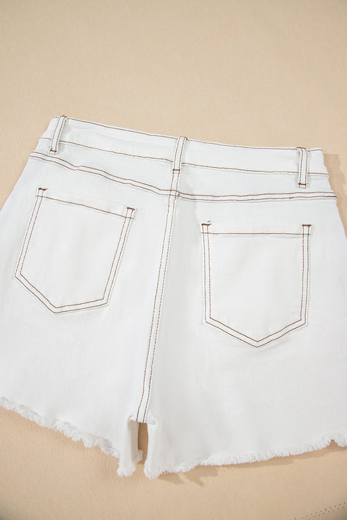 Casual High Waist Raw Hem Fringe Detail Denim Shorts