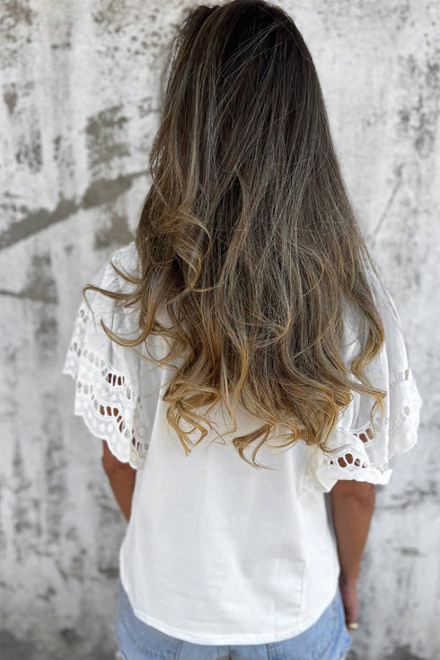 Casual Hollow Out Embroidered Detail O Neck Short Sleeve Knit Top