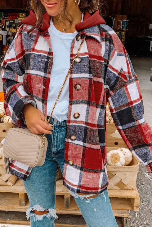 Casual Hooded Button Front Plaid Print Shacket