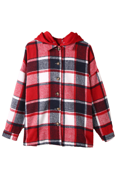 Casual Hooded Button Front Plaid Print Shacket