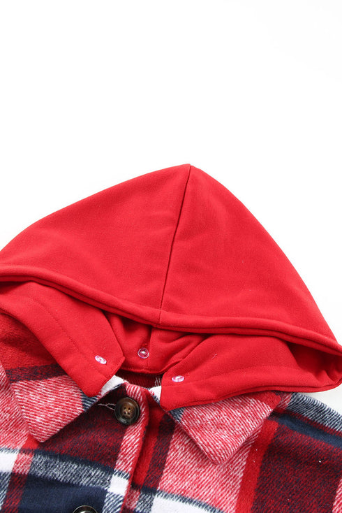 Casual Hooded Button Front Plaid Print Shacket