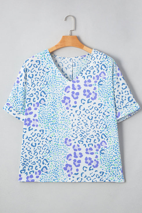 Casual Leopard Print Short Sleeve V Neck Blouse