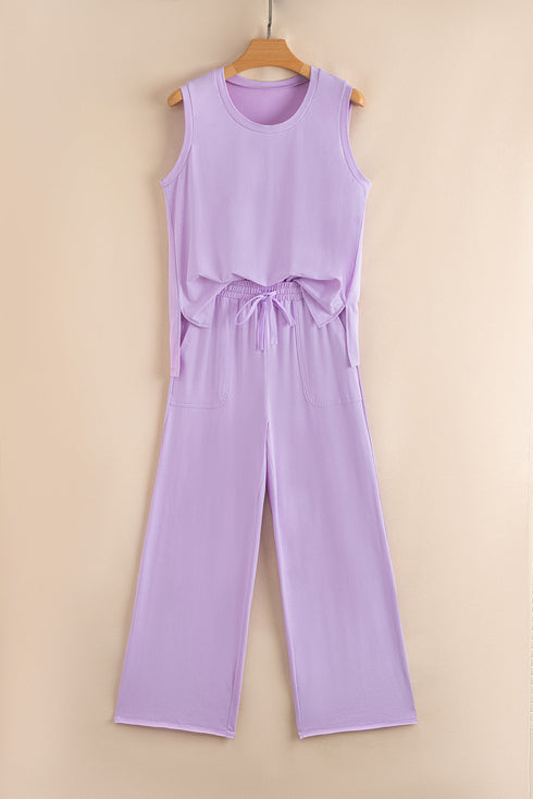 Casual Mineral Wash Drawstring Wide Leg Pant Set